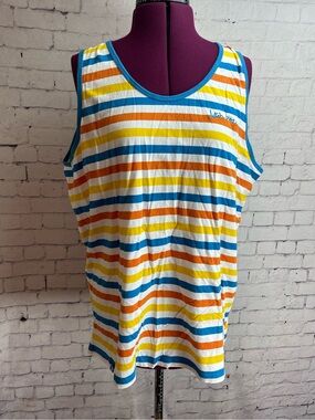 Dutch bros size XL striped tank top blue orange and yellow